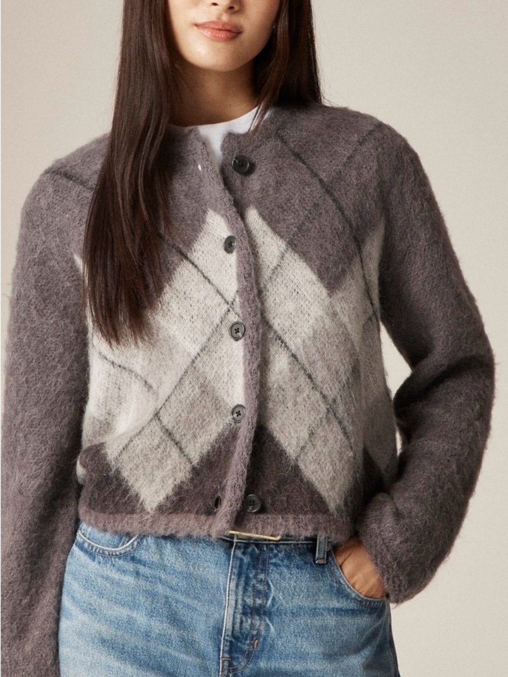 J Crew Argyle in Wool Blend Cardigan Sweater - Gray size Small